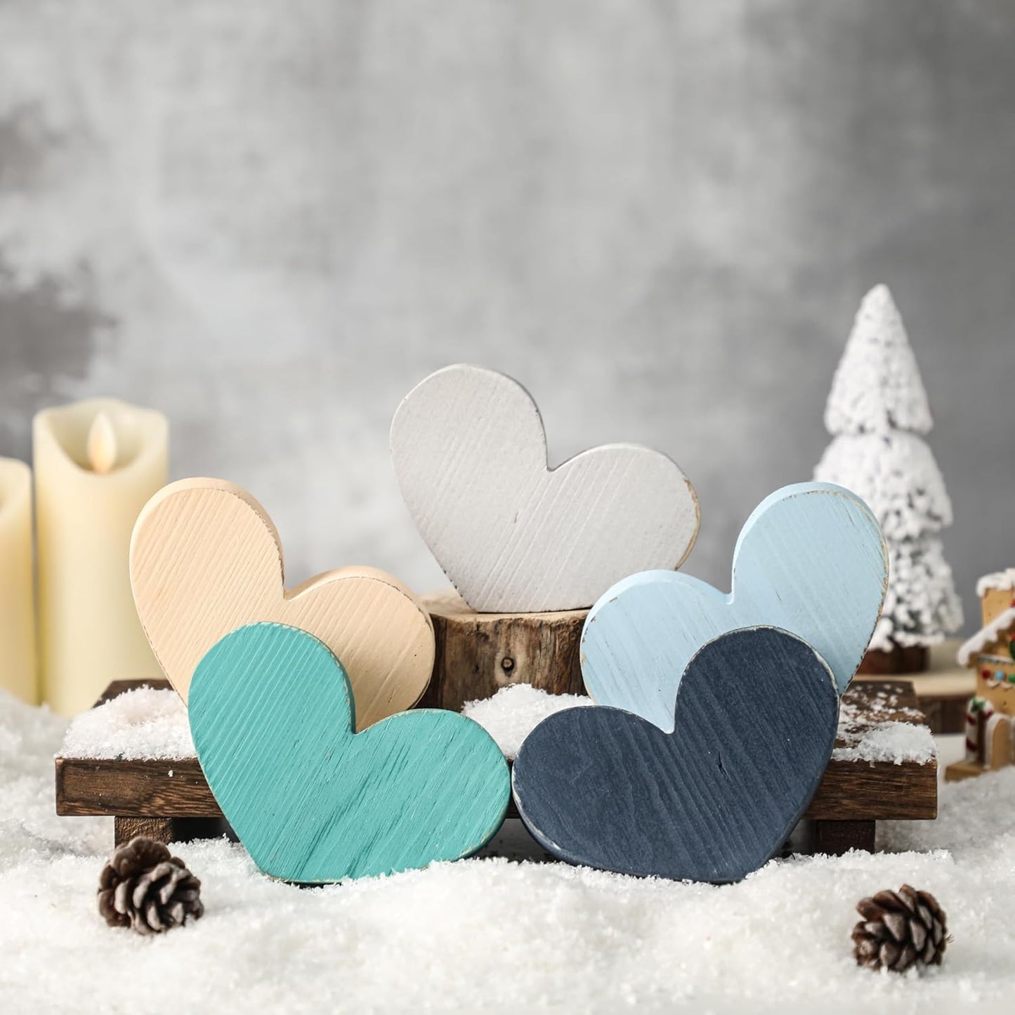 5Pcs Wood Winter Heart Christmas Tiered Tray Decor Centerpieces for Table Winter Blue Farmhouse Rustic Kitchen Decoration for Home Kitchen Valentine Heart
