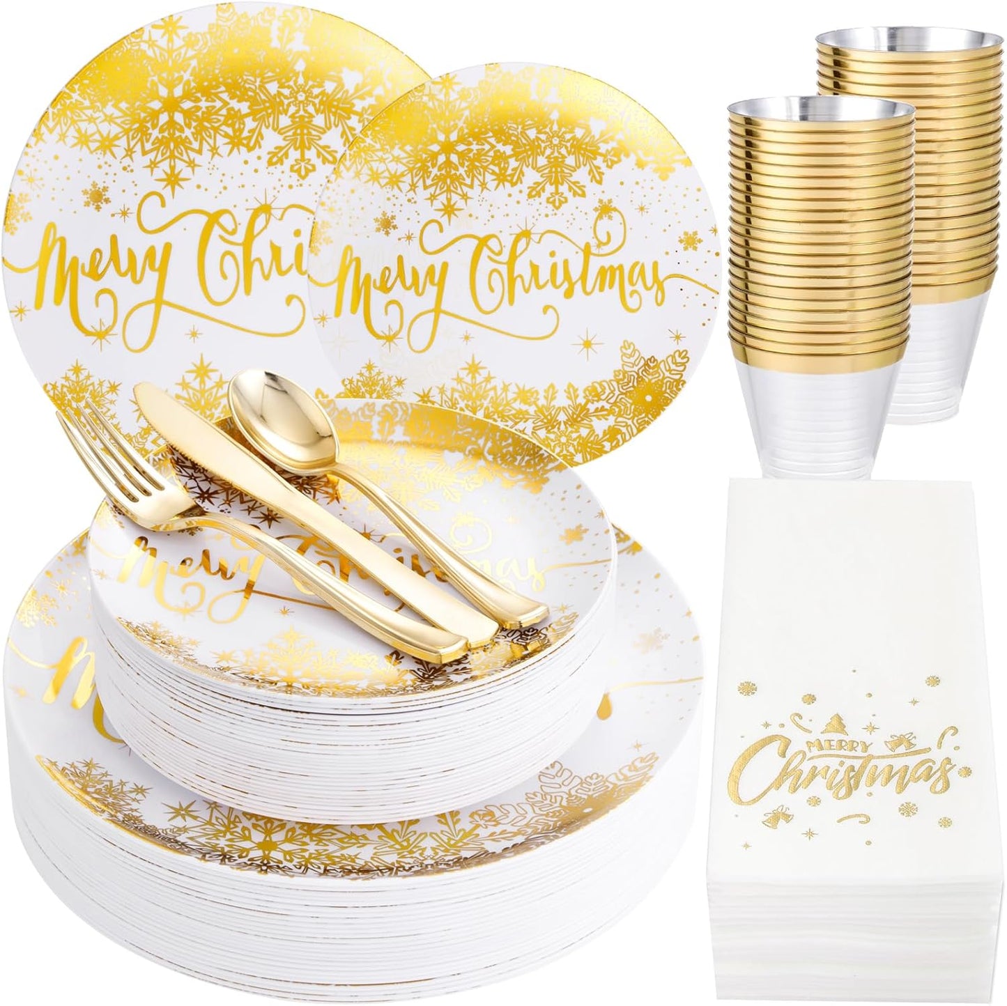 DaYammi 175Pcs Christmas Gold Plastic Dinnerware Set, 50Pcs Heavyduty Disposable Party Plates,Fancy Snowflake Design, 75Pcs Gold Plastic Cutlery,25Pcs 9oz gold Cups,25Pcs Napkins Perfect for Christmas