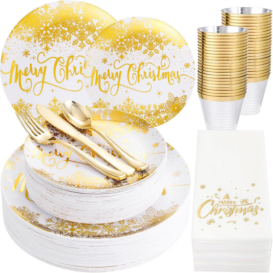DaYammi 175Pcs Christmas Gold Plastic Dinnerware Set, 50Pcs Heavyduty Disposable Party Plates,Fancy Snowflake Design, 75Pcs Gold Plastic Cutlery,25Pcs 9oz gold Cups,25Pcs Napkins Perfect for Christmas