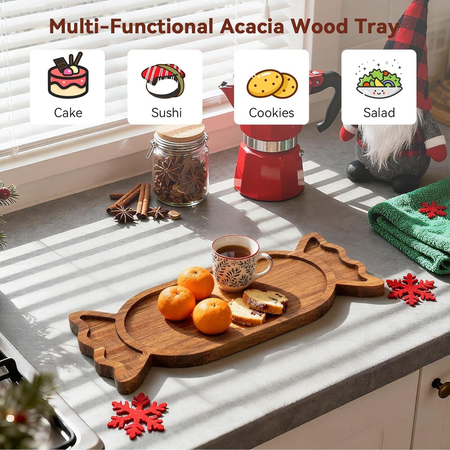 2 Pcs Christmas Charcuterie Boards, Wine Shaped Wooden Cutting Board with Handle, Acacia Wood Christmas Serving Tray for Cheese Fruit Bread Salad Vegetables Snack Dessert