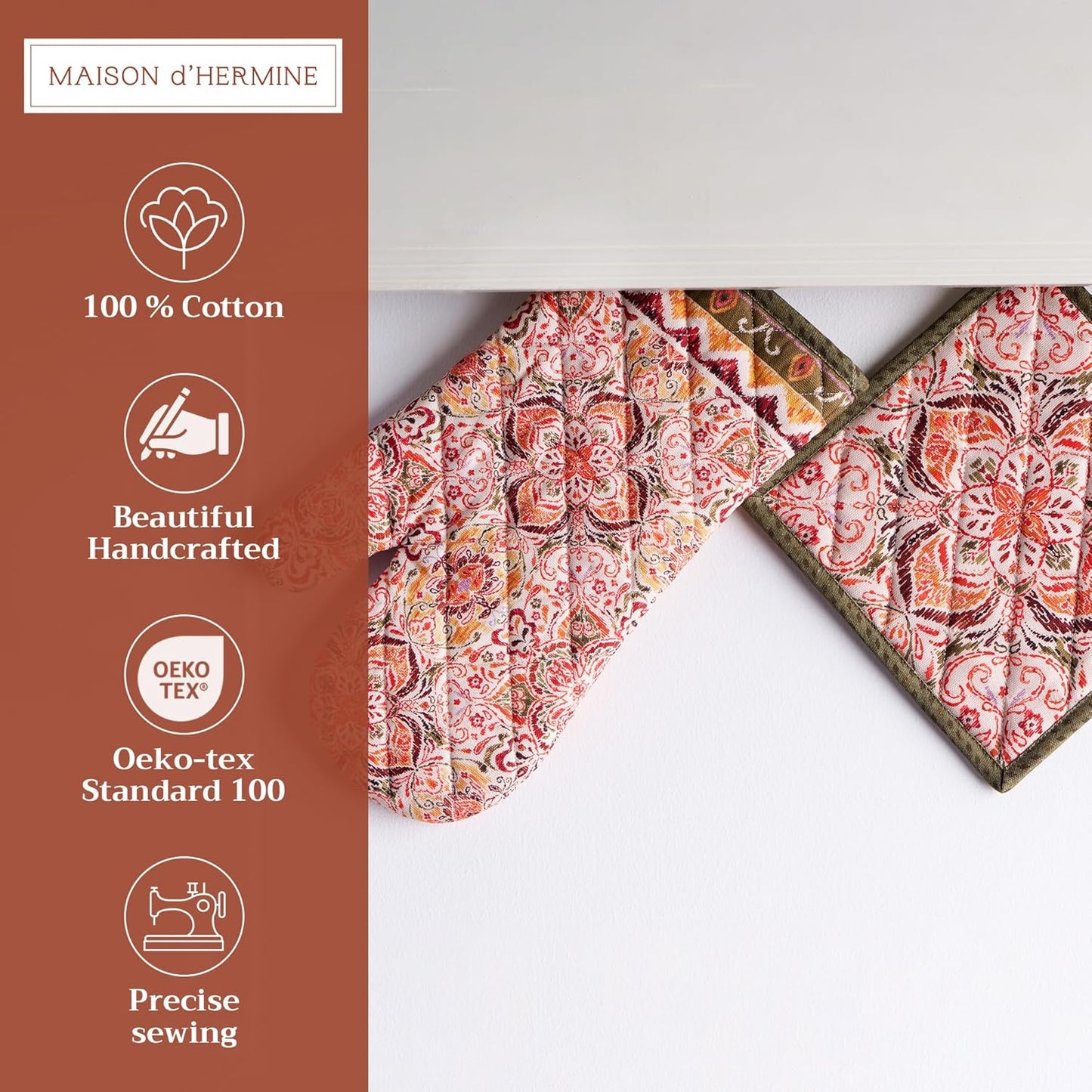 Maison d' Hermine 100% Cotton Oven Mitt & Pot Holder Set (7.5"x13" & 8"x8") Heat Resistant BBQ Cooking Gloves with Loop for Thanksgiving Christmas Decorations Handling Hot Pans (Damask)