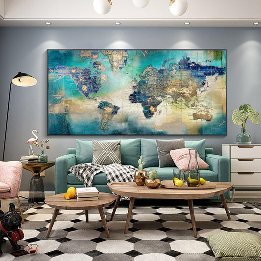 Pogusmavi World Map Canvas Art - Abstract Wall Art for Office & Living Room, Green, 30x60 Black Framed