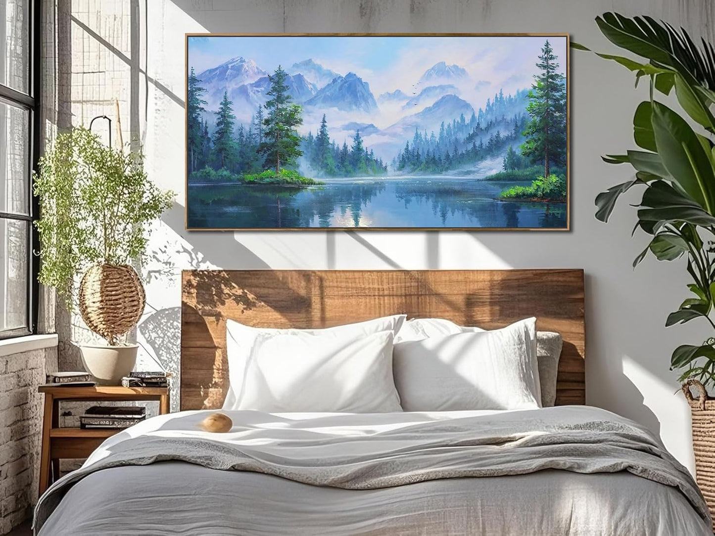 Ardemy Large Landscape Canvas Wall Art for Living Room Framed Lake Teal Pictures Bedroom Wall Decor Textured Misty Forest Scenery Paintings Artwork for Walls Home Office, 48"x24"