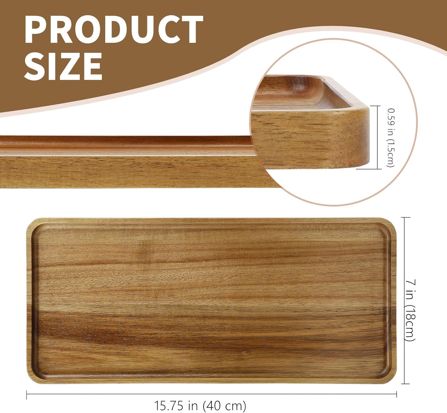 1 pcs 15.7" x 7" Large Solid Acacia Wood Serving Tray Rectangular Wooden Serving Platter Natural Wooden Board for Bar Coffee Party