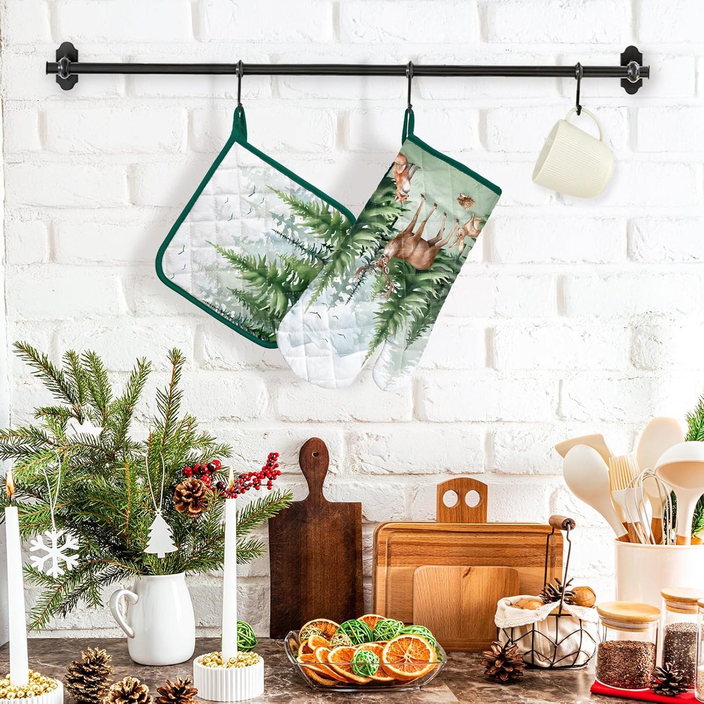 Woodland Deer Oven Mitts and Pot Holders Sets 2Pcs, 100% Cotton Heat Resistant, Extra Long Oven Gloves Potholder for Kitchen Cooking Baking Decoration