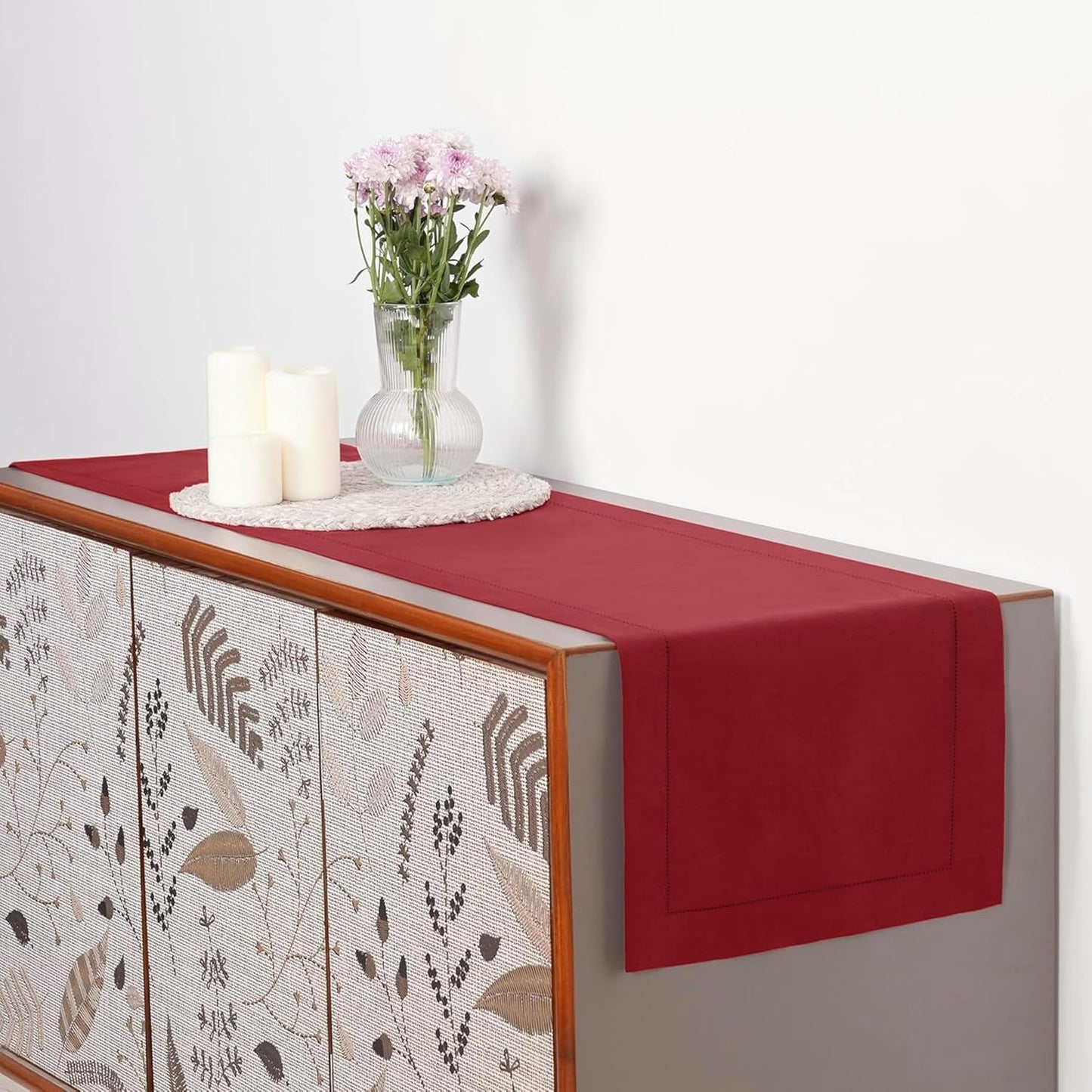 D'Moksha Homes Linen Red Table Runner 60 Inches - Classic Hemstitch, 100% Pure Linen Coffee Table Runner 14 x 60 Inch Ideal for Dresser Tables - Fall, Autumn and Halloween