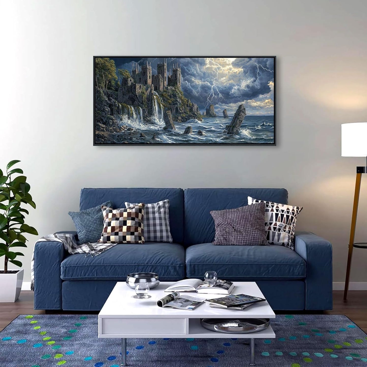 QZQCBLC Large Framed Wall Art - Retro Mystical Castle Landscape Sea Coastal Surface Lightning Realistic Paintings Artwork Picture for Living Room Bedroom Kitchen Home Wall Decor 29"X58"
