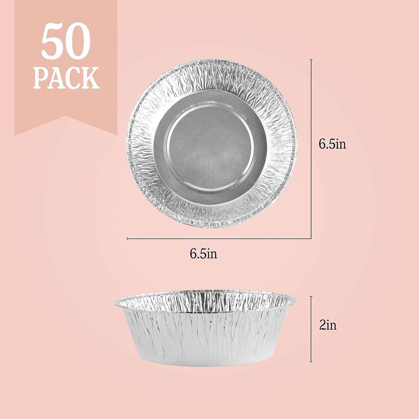 PLASTICPRO 6.5'' Inch Round Tin Foil Pans Disposable Aluminum, Freezer & Oven Safe - For Baking, Cooking, Storage, Roasting, & Reheating, Deep Pack of 50