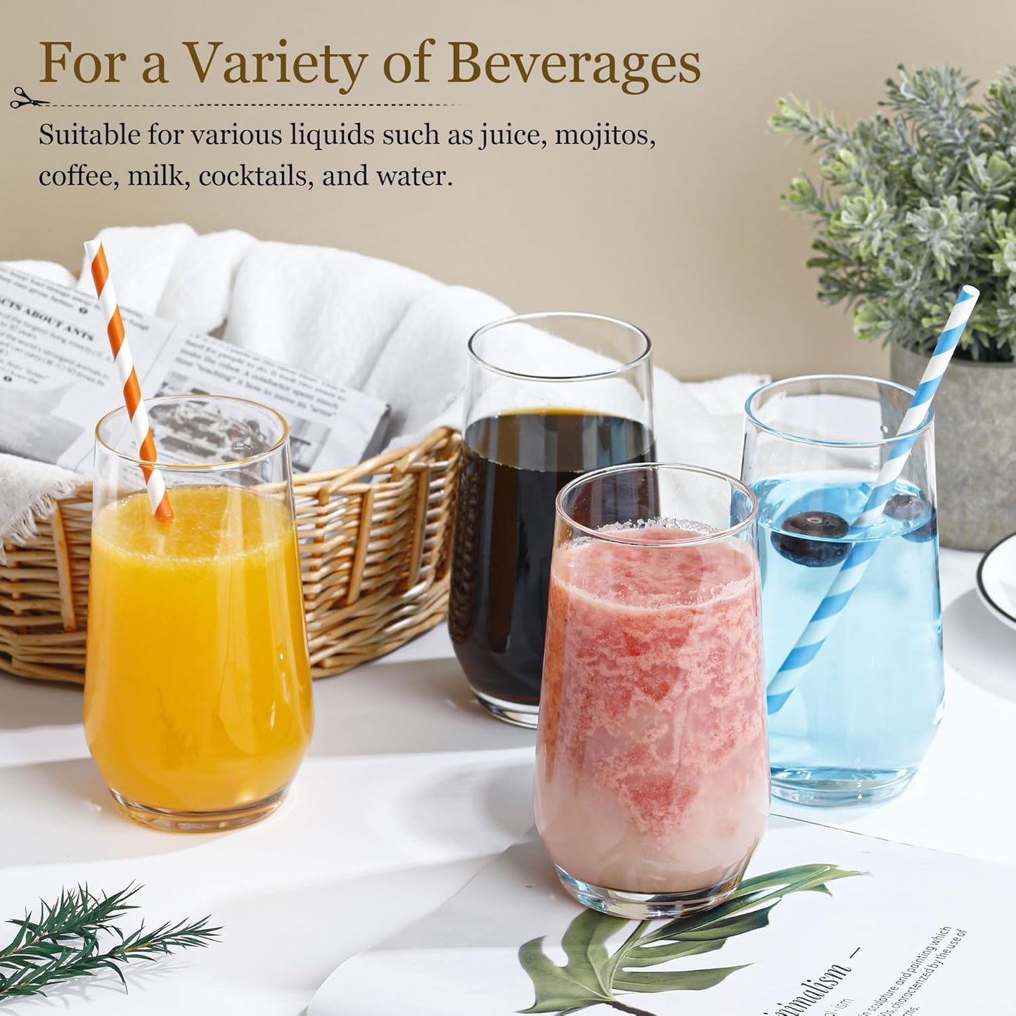 Drinking Glasses Set of 6, 16.4oz Highball Glasses, Crystal Clear Tall Glass Cups for Cocktail, Juice, Iced Tea, Mojito and Smoothies, Clear Glassware Set