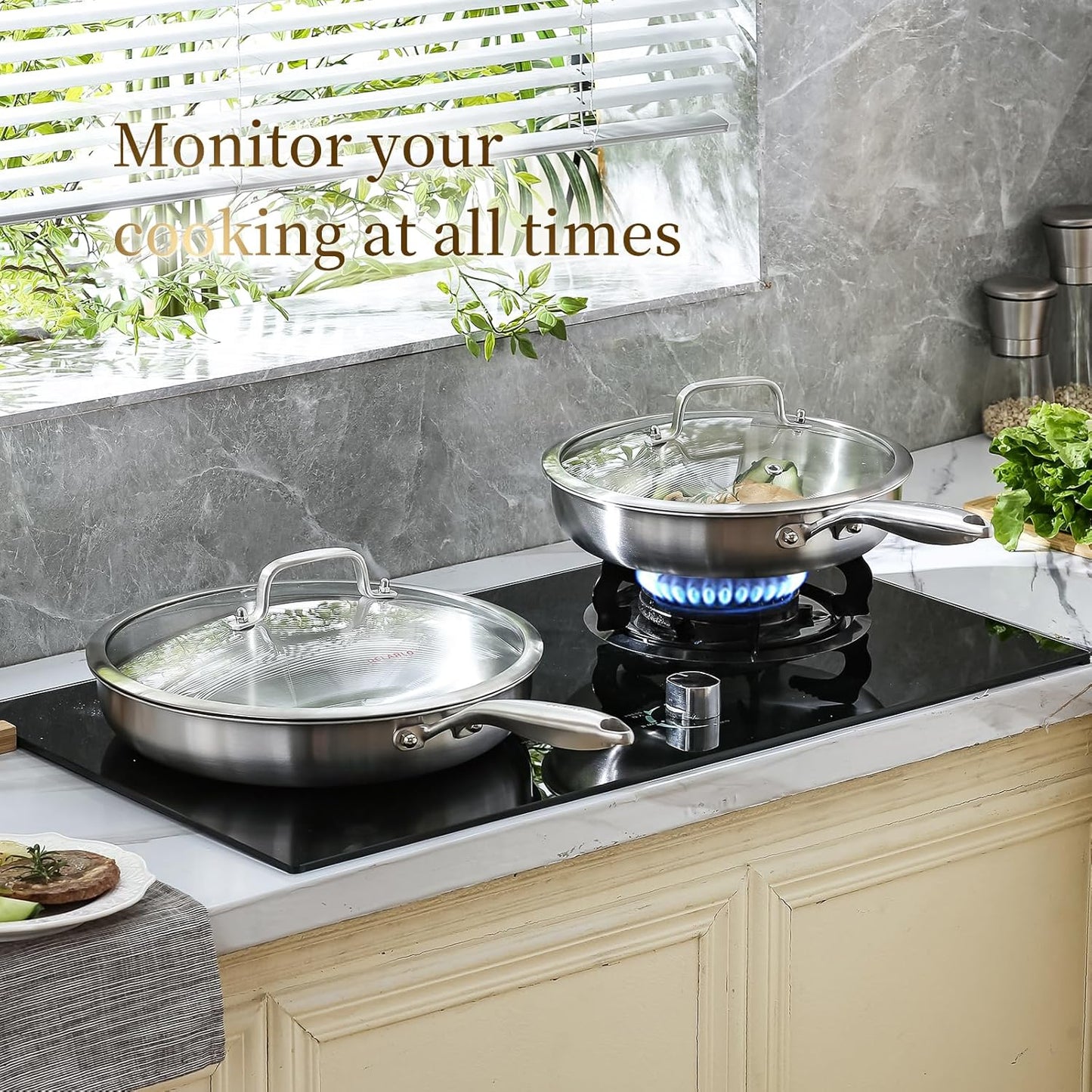 DELARLO Tri-ply Stainless Steel Kitchen Cookware Frying Pan Set with Lid 8" 10" 12" Induction large Skillets Chef's Pan,Pots and Pans Set Kitchen Cookware Set Suitable for All Stove