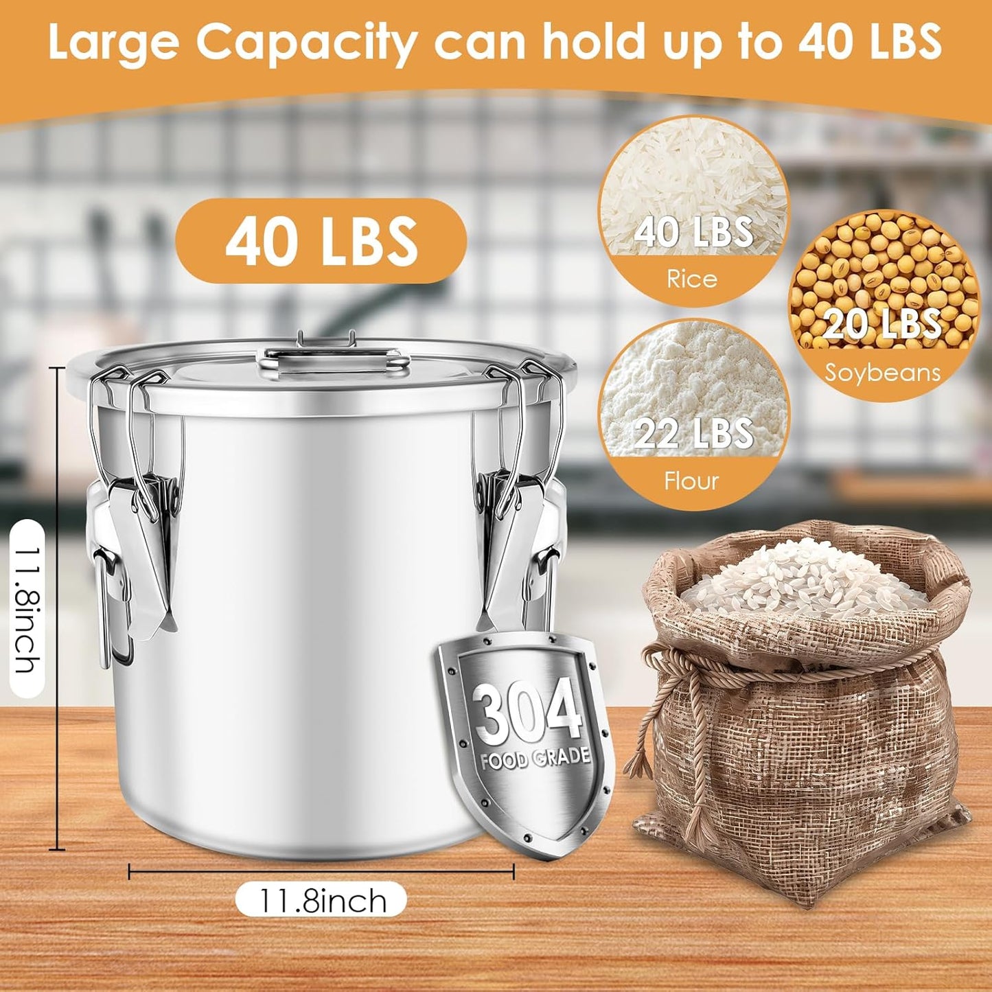 304 Stainless Steel Airtight Canister with Lids,40 lbs Large Capacity Food Storage Containers for Rice Flour Sugar Grain Coffee Bean,Airtight Canister for Kitchen & Pantry Organization