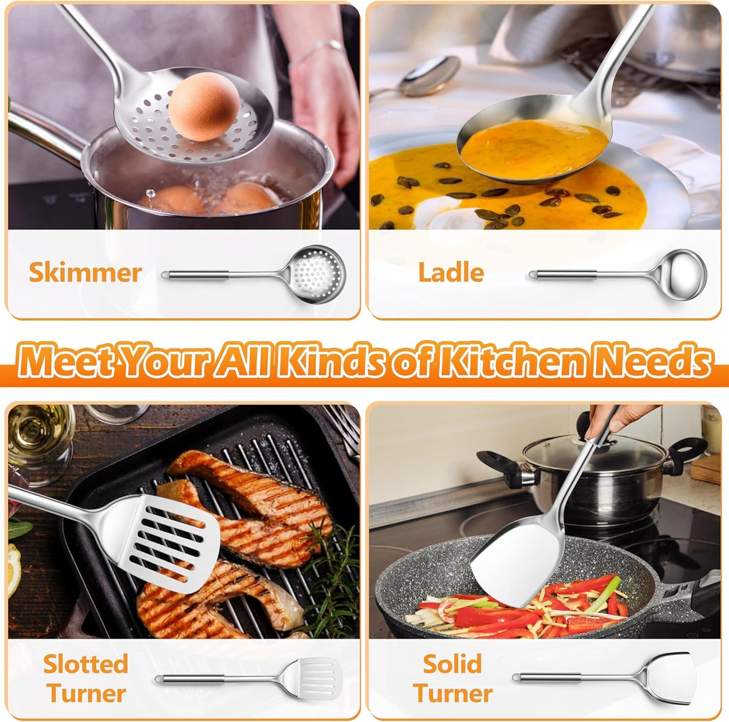 E-far Stainless Steel Cooking Utensils, 4-Piece Heat Resistant Kitchen Utensils Set, Non-toxic Metal Kitchen Tools Spatulas Set Including Soup Ladle, Slotted/Solid Turner, Skimmer, Dishwasher Safe