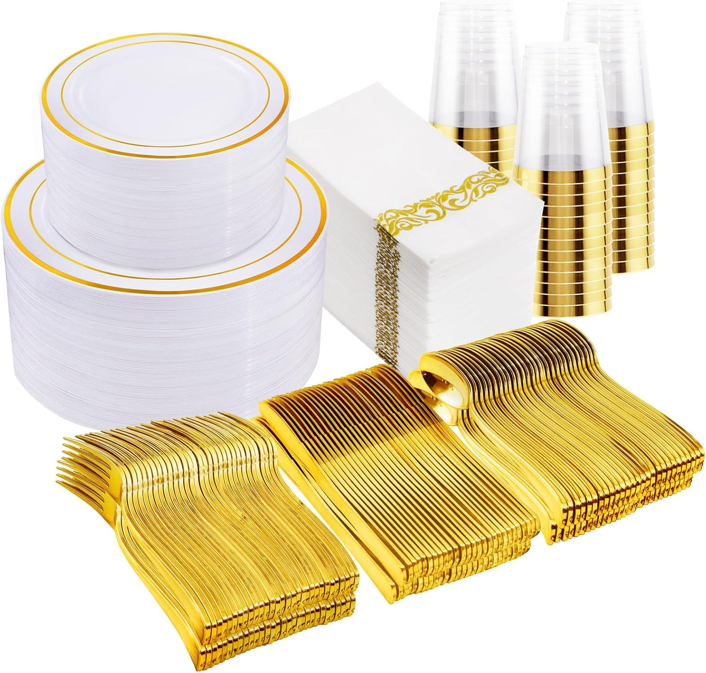 I00000 700Pcs Gold Dinnerware Set for 100 Guests, Plastic Plates for Party, Include: 100 Rim Dinner Plate, 100 Dessert Plate, 100 Paper Napkins, 100 Cups, 100 Gold Plastic Silverware Set