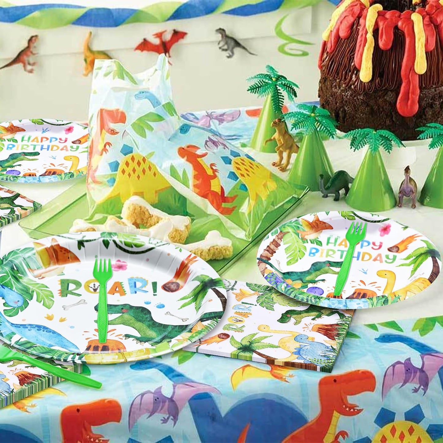 96 Pieces Dinosaur Birthday Tableware Set - Happy Birthday Disposable Dinnerware with Dino Design Plates, Napkins, and Forks for Boys Kids Party Decorations and Celebration, Serves 24 Guests