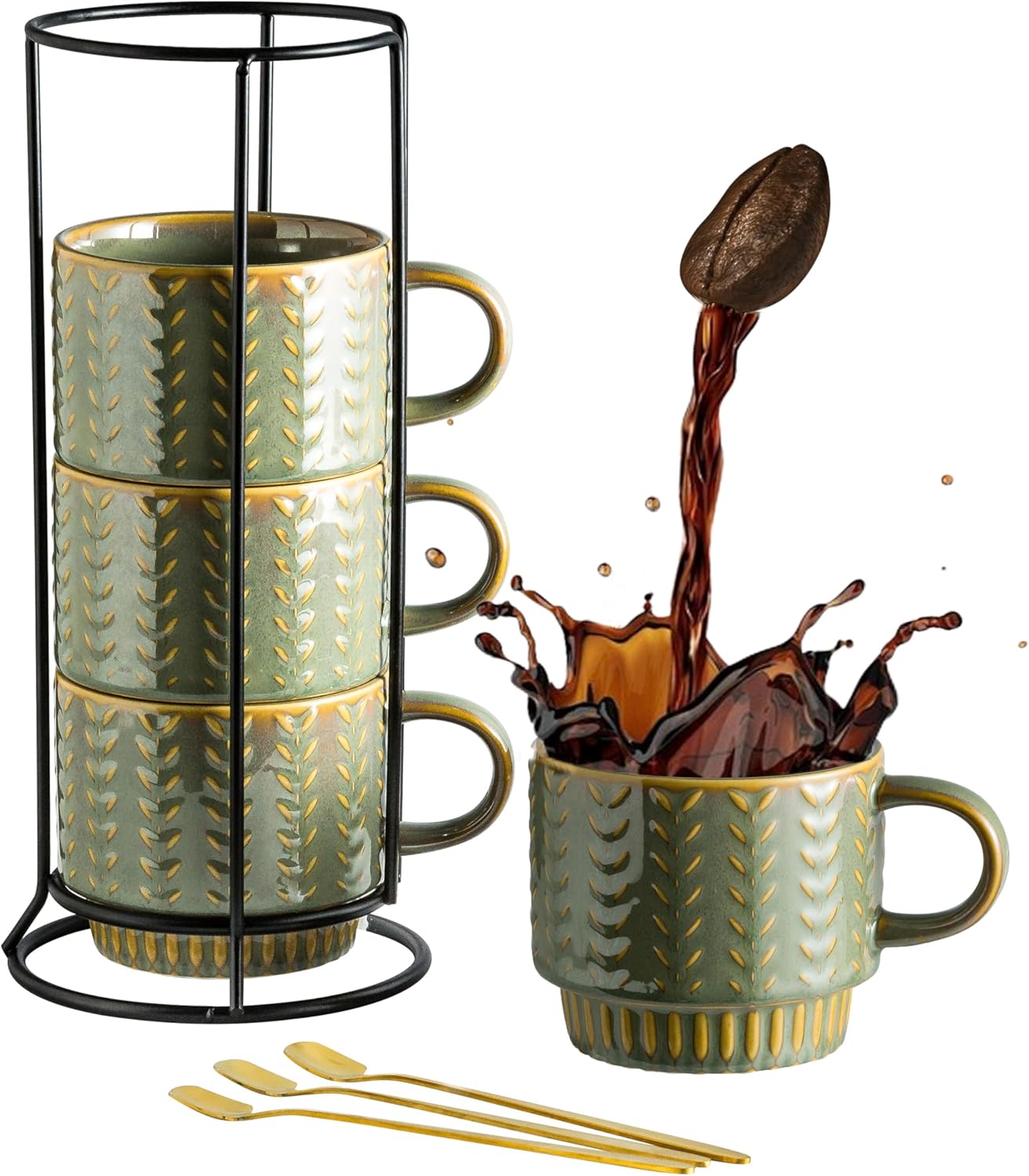 Coffee Mugs Set of 4 with Spoons & Rack, Stackable Espresso Cups 13oz Coffee Mug for Drinks Latte Cappuccino Tea, Turkish Coffee Cup for Housewarming Wedding Gift, Dishwasher Safe