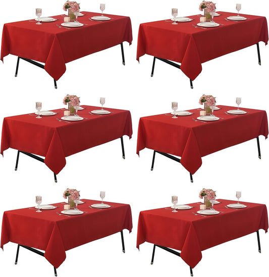 6-Pack 60x102 inch Red Table Cloths, Solid Stain and Wrinkle Resistant Oblong Tablecloth, Premium Plain Weave Polyester Fabric Rectangle Table Linen Covers for Hotel, Wedding