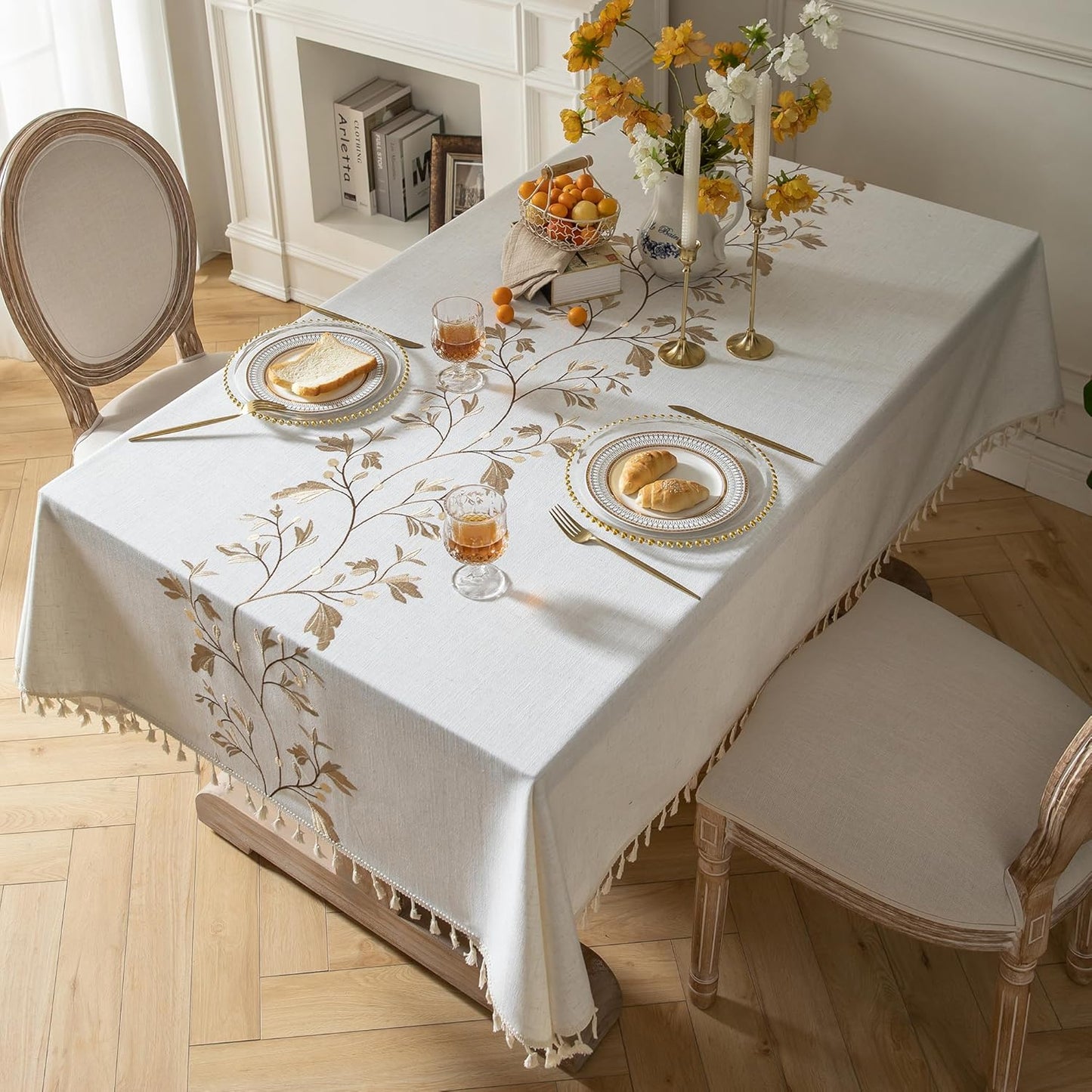 Oubonun Cotton Linen Square Tablecloth - Wrinkle Resistant & Waterproof - Machine Washable Table Cloth with Tassels for Kitchen & Dining, 55''x55'', 4 Seats