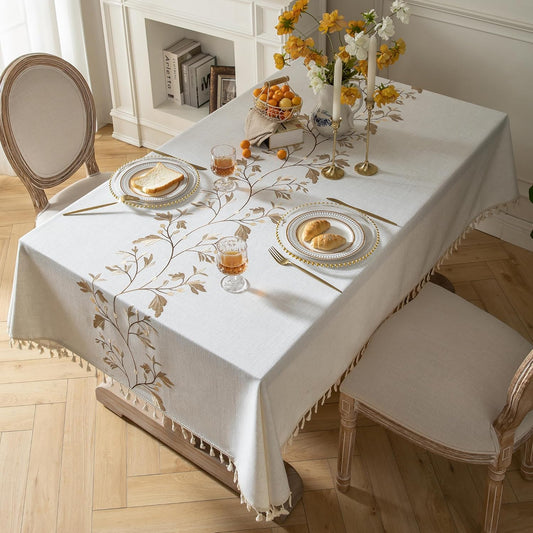 Oubonun Cotton Linen Rectangular Tablecloth - Wrinkle Resistant & Waterproof - Machine Washable Table Cloth with Tassels for Kitchen & Dining, 55''x86'', 6-8 Seats