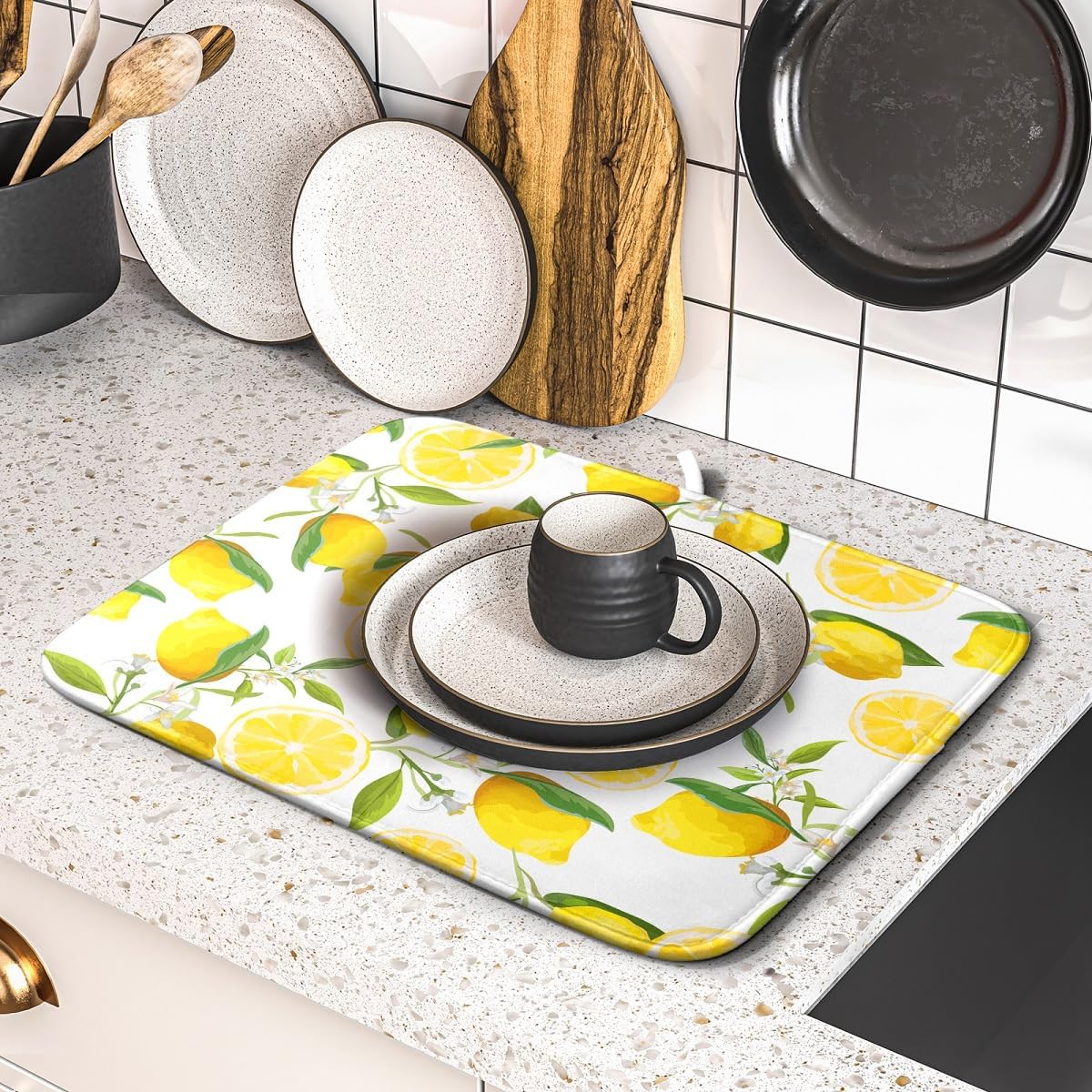 Lemon Dish Drying Mats for Kitchen Counter 16×18 Inch Watercolor Lemon Small Microfiber Drying Mat Kitchen Accessories Dish Rack Mat Drainer Pad Washable Absorbent