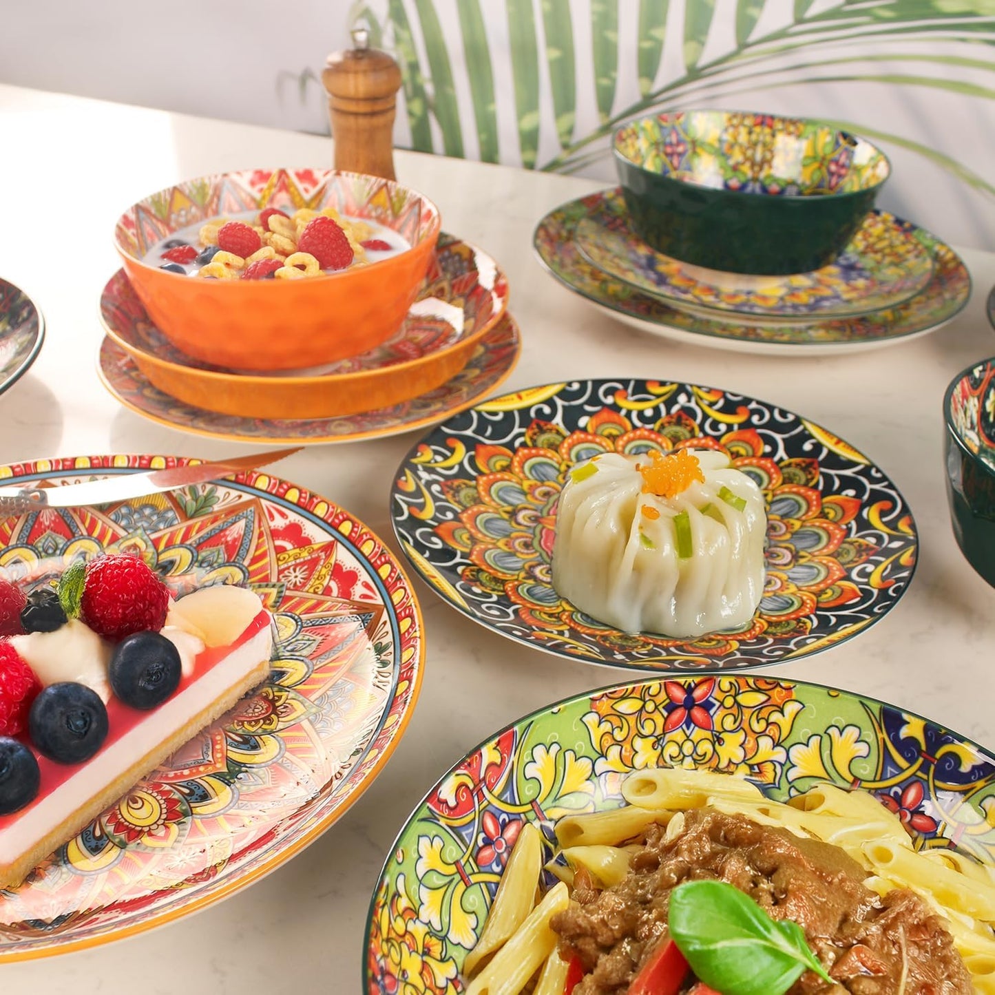 Mandala Dinnerware Sets, Plates and Bowls Set, Porcelain Dishes Service for 4, Zanzibar, Bohemian Style Dining Ware, for Kitchen and Dining Multicolor Dinnerware Set, Colorful No.1