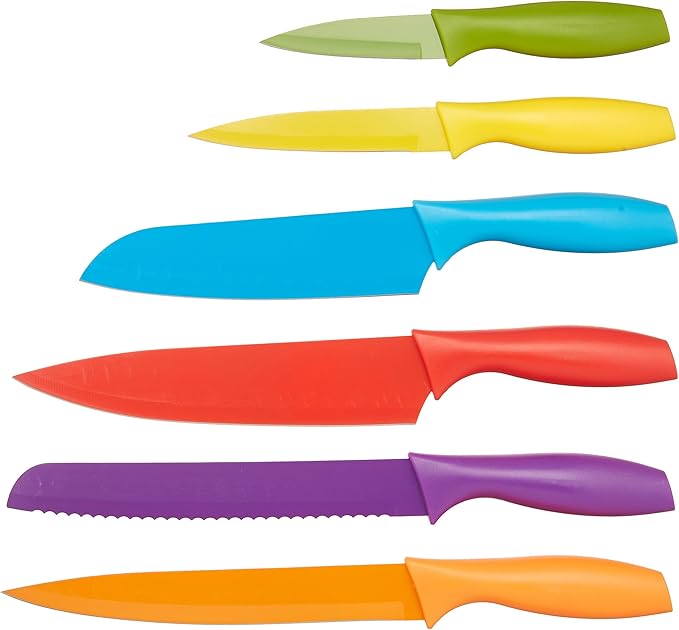 Amazon Basics Color-Coded Dishwasher Safe Kitchen 12-Piece Knife Set, 6 Knives with 6 Blade Guards, Multicolor, 13.88 x 4.13 x 1.38 inch