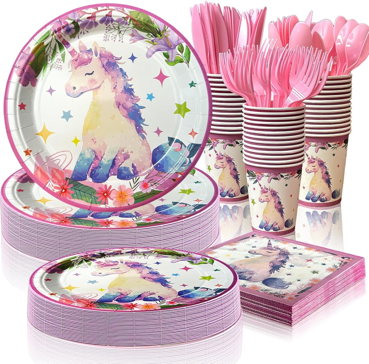 175 PCS Unicorn Birthday Plates and Napkins Sets Includes Disposable Plates Dessert Plates Napkins Cups Plastic Knives Forks Spoons Disposable Dinnerware Set For Unicorn Party (25 Guest)