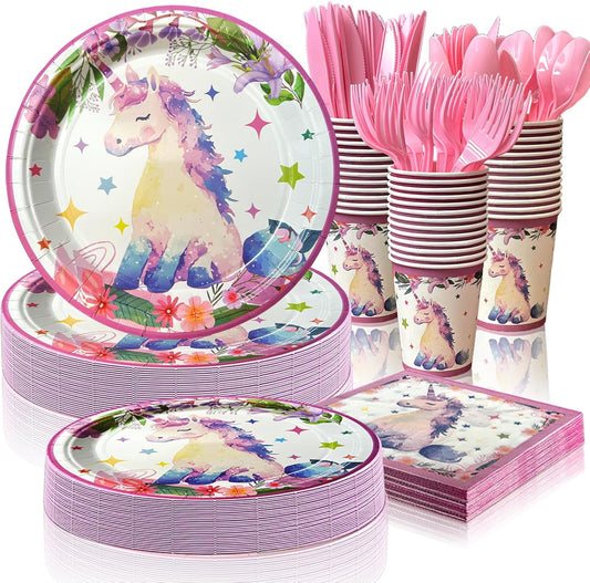 175 PCS Unicorn Birthday Plates and Napkins Sets Includes Disposable Plates Dessert Plates Napkins Cups Plastic Knives Forks Spoons Disposable Dinnerware Set For Unicorn Party (25 Guest)