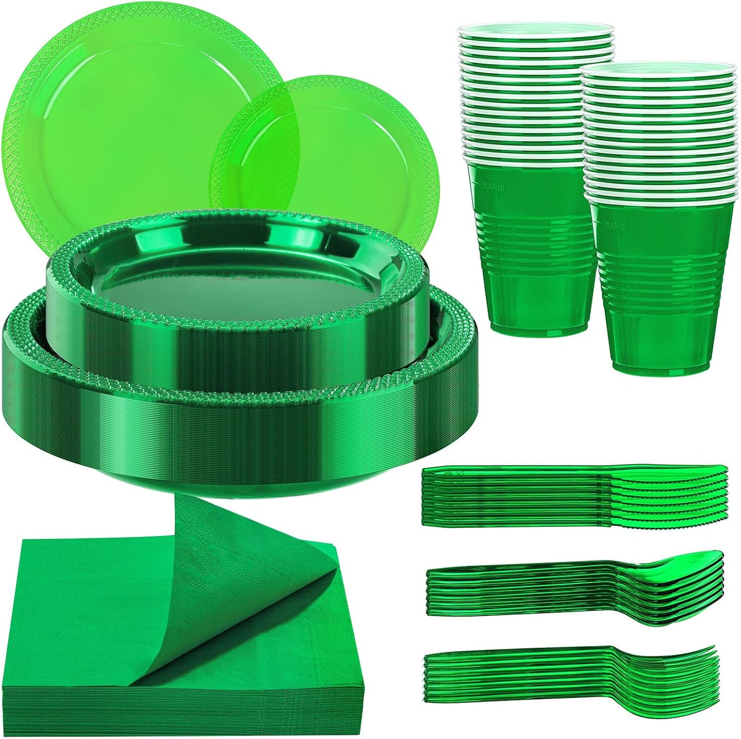 WELLIFE 210Pcs Green Plastic Plates,Clear and Green Plastic Dinnerware Set,Party Supplies Including Clear Plates, 12OZ Cups, plastic Cutlery and Paper Napkins Serve 30 Guests