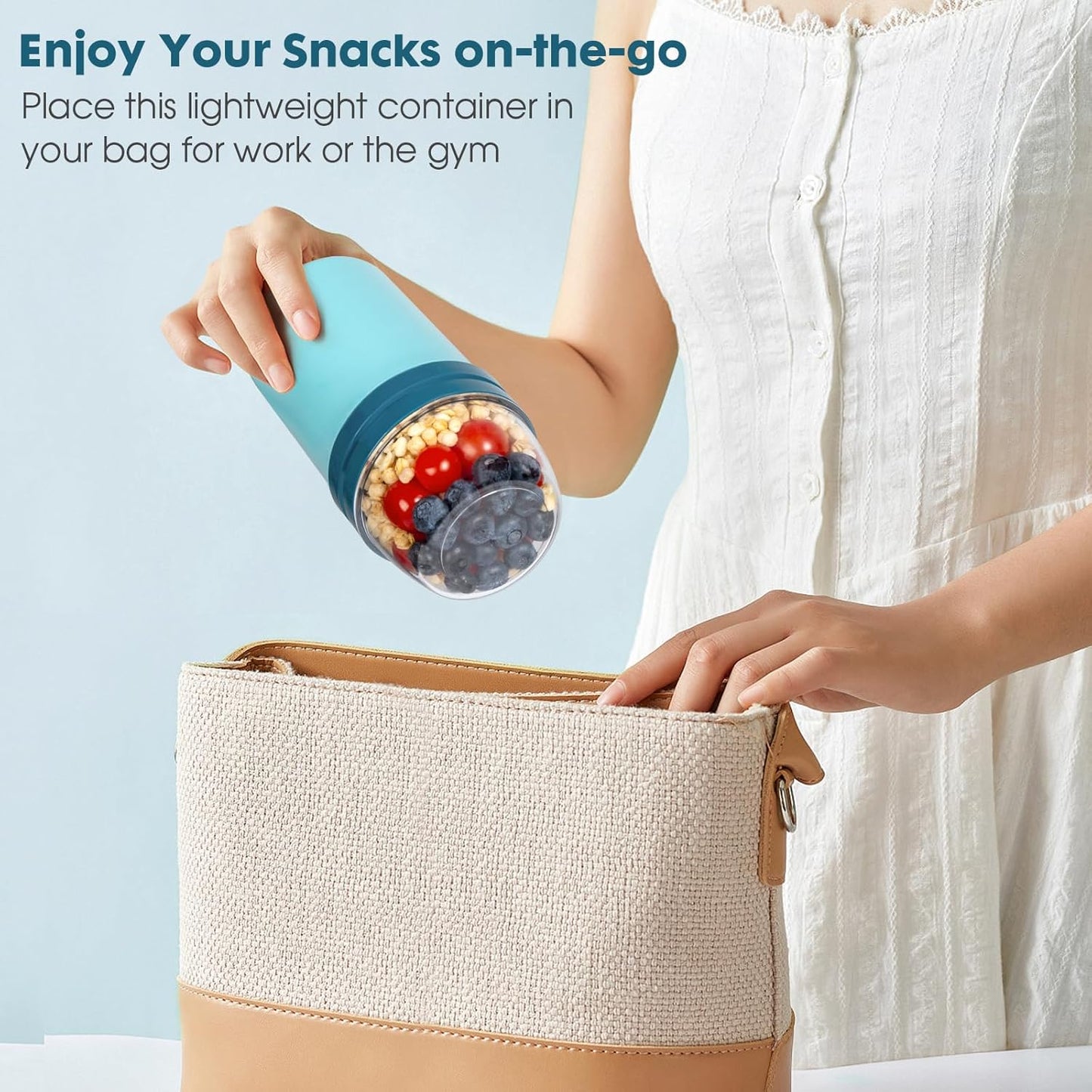 Snack Cup,Reusable Snack Container with Lid,Yogurt Parfait Cups and Spoons,600ml+270ml Breakfast On The Go,Portable Cereal To Go Travel Cereal Bowl and Milk Container(Bule)