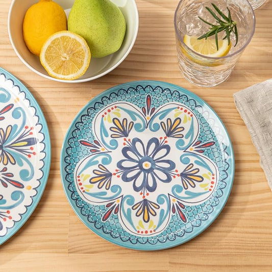 Bzyoo 12-Piece Melamine Dinnerware Set - Madallion | Lightweight, Durable, BPA-Free | Dishwasher Safe Dish Set for Indoor & Outdoor Use - Perfect for Camping, BBQs, Kids Parties