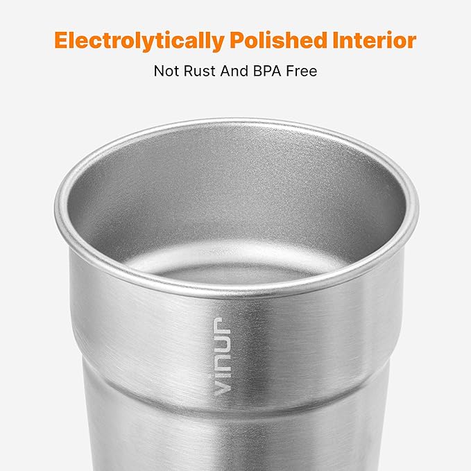 VINUR 4 Pack Stainless Steel Cups 8 oz Pint Tumbler Stackable Metal Drinking Glasses for Travel, Camping, Outdoors (Silver)