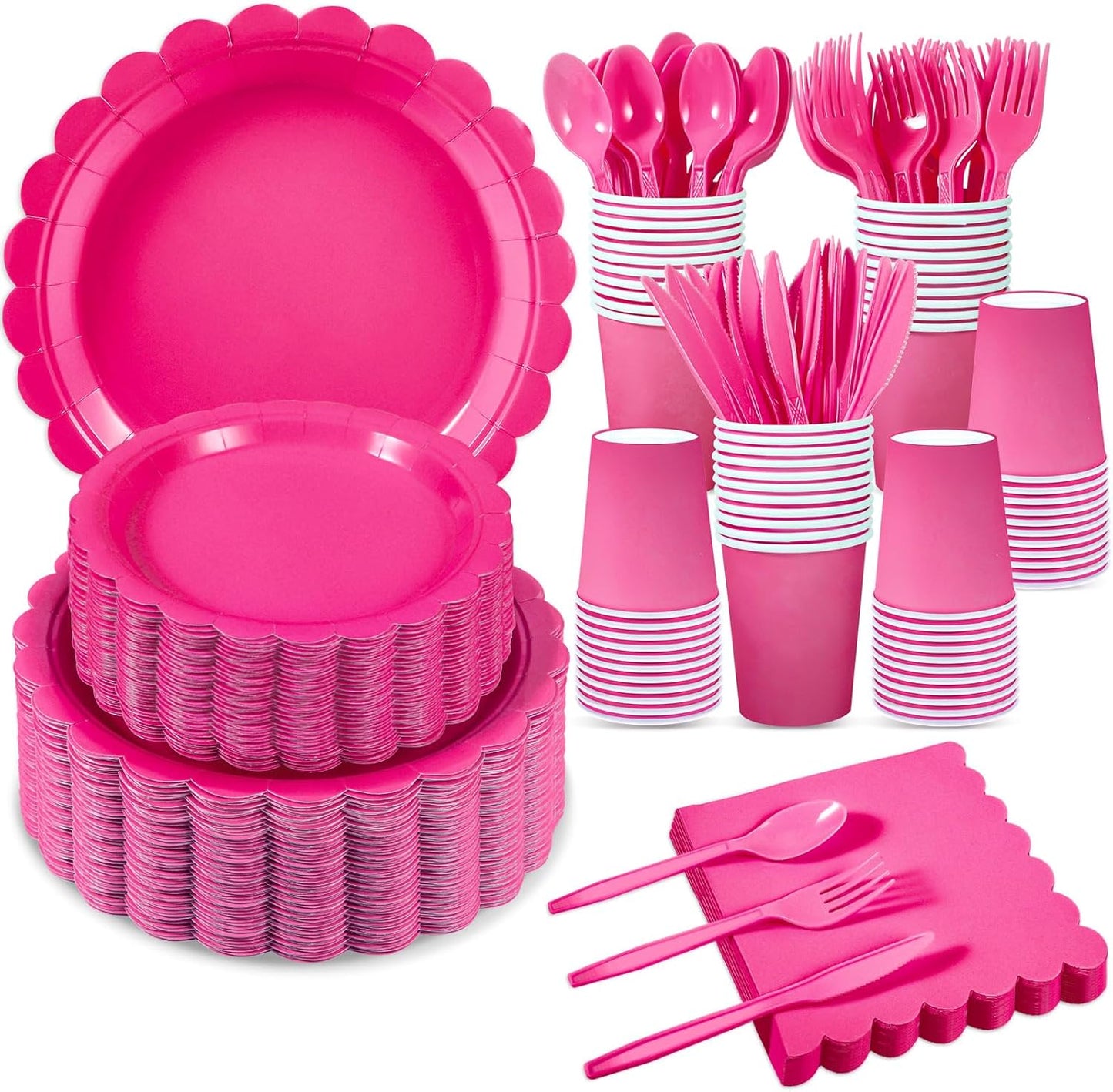 350 Pcs Hot Pink Paper Plates and Napkins, 50 Guest Hot Pink Party Supplies Include Scalloped Plates Napkins Cups Plastic Cutlery for Baby Shower,Birthday,Bridal Shower