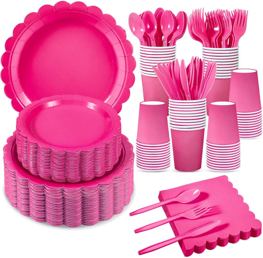 350 Pcs Hot Pink Paper Plates and Napkins, 50 Guest Hot Pink Party Supplies Include Scalloped Plates Napkins Cups Plastic Cutlery for Baby Shower,Birthday,Bridal Shower