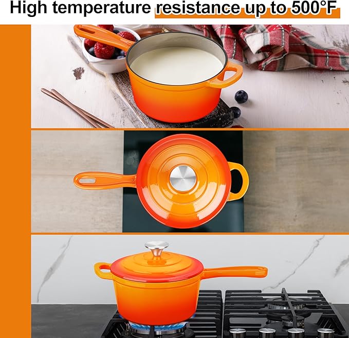 Enameled Cast Iron Sauce Pan, Leonyo 1 Qt & 2 Qt Saucepan Set, Cast Iron Dutch Oven Kitchen Small Pots for All Cooktops Cooking Pasta, Milk, Oatmeal - Up to 500°F & Nonstick, Orange