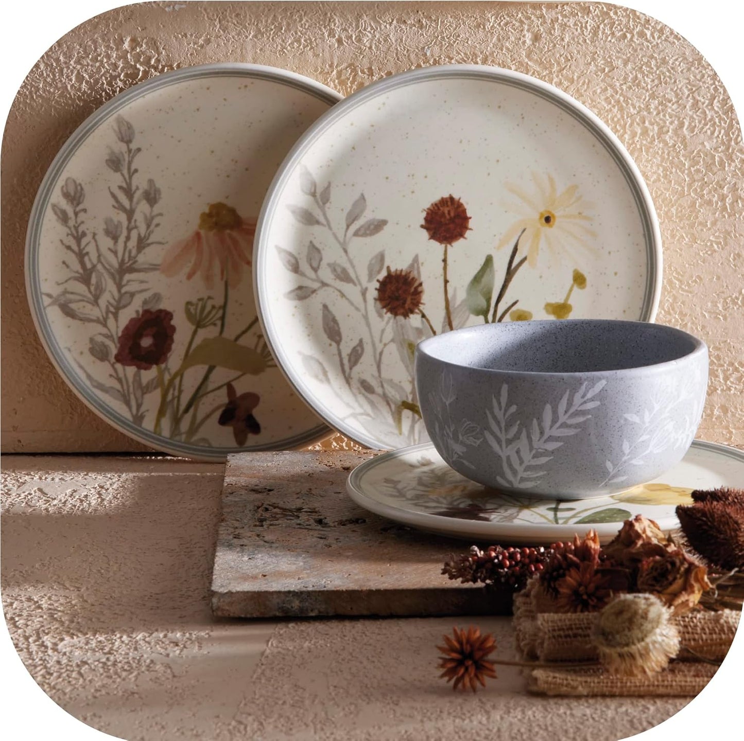 Corona 12–piece Delicate Floral Design Ceramic Dinnerware Sets | Plates and Bowls | Service For 4 | Anastasia