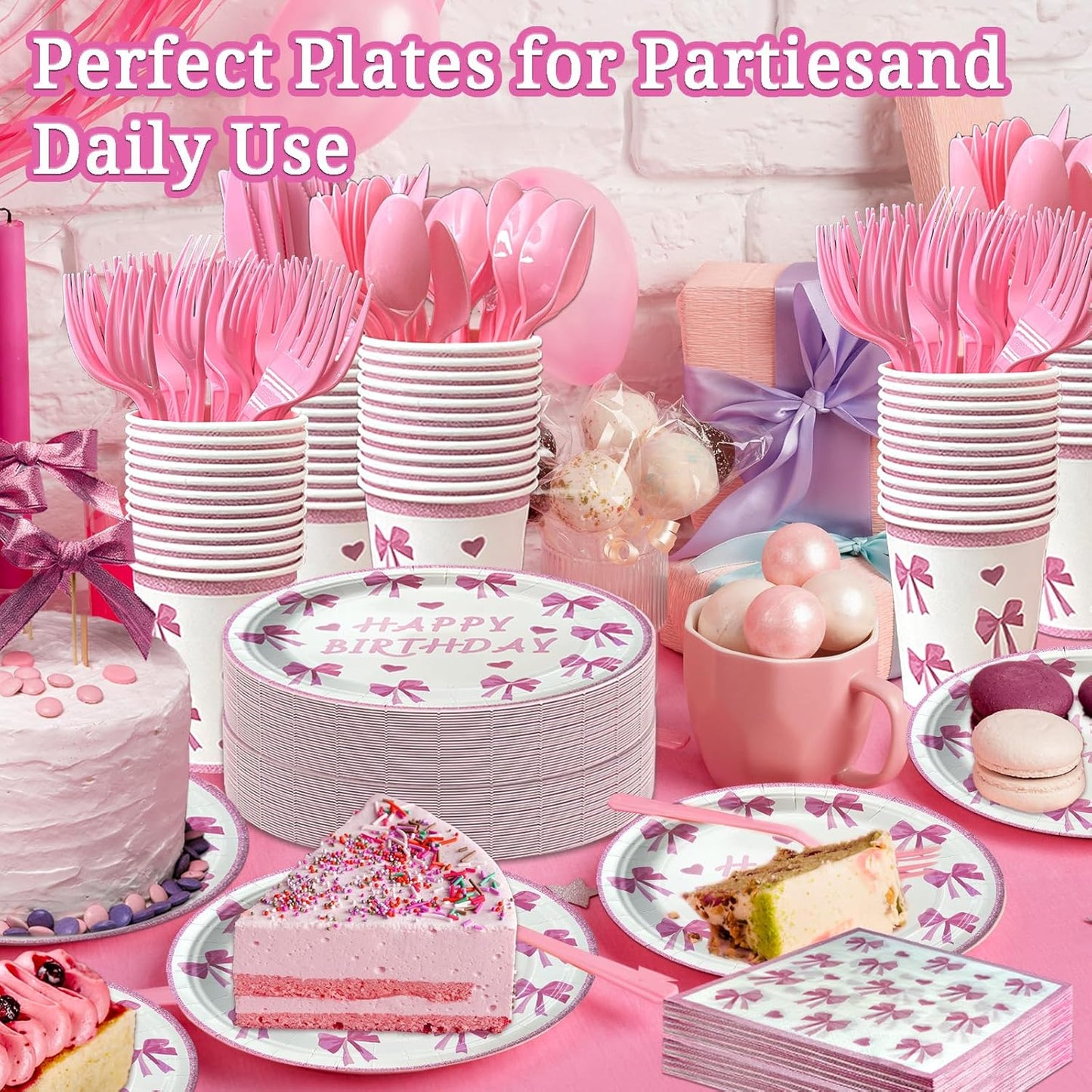 350 PCS Coquette Birthday Plates and Napkins Sets Includes Disposable Plates Dessert Plates Napkins Cups Plastic Knives Forks Spoons Disposable Dinnerware Set For Pink Bow Party (50 Guest)