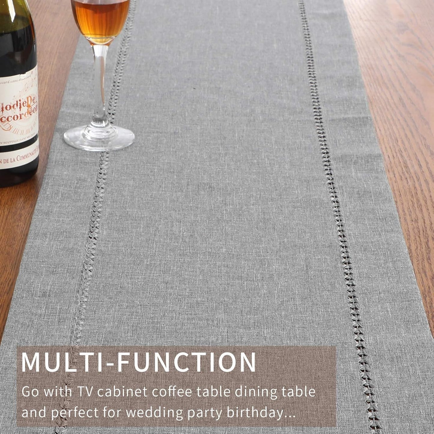 Tosewever Decorative Hemstitch Linen Table Runner Farmhouse Style Tabletop Collection Handcrafted Table Runners for Everyday Dining Wedding Party Holiday Home Decor (14 x 72 Inches, Grey)