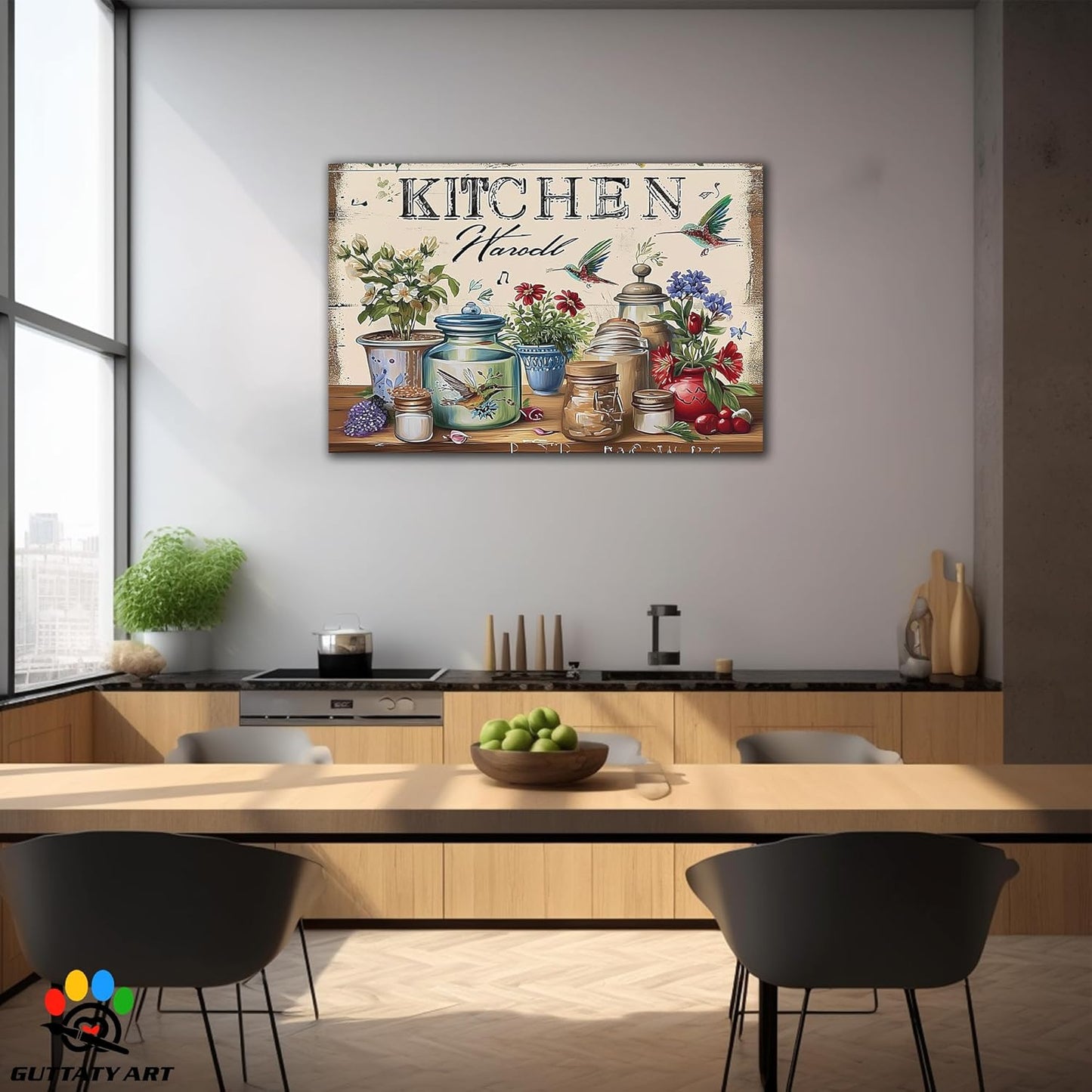 GUTTATY Farmhouse Wall Art Rustic Kitchen Decor, Ready to Hang Kitchen Canvas Print Colorful Flowers And Bird,Vintage Posters Prints for Dinning Room Home Kitchen Restaurant Painting 32×48 Inch