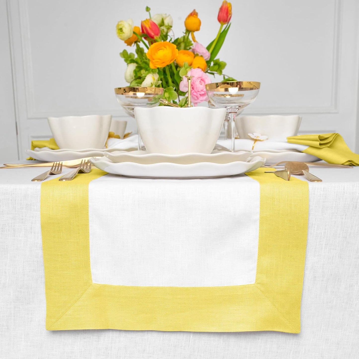 Solino Home Linen Table Runner 36 Inches - 100% Pure Linen Sunshine Yellow and White Table Runner 14 x 36 Inch Ideal for Dresser and Coffee Tables - Contempo