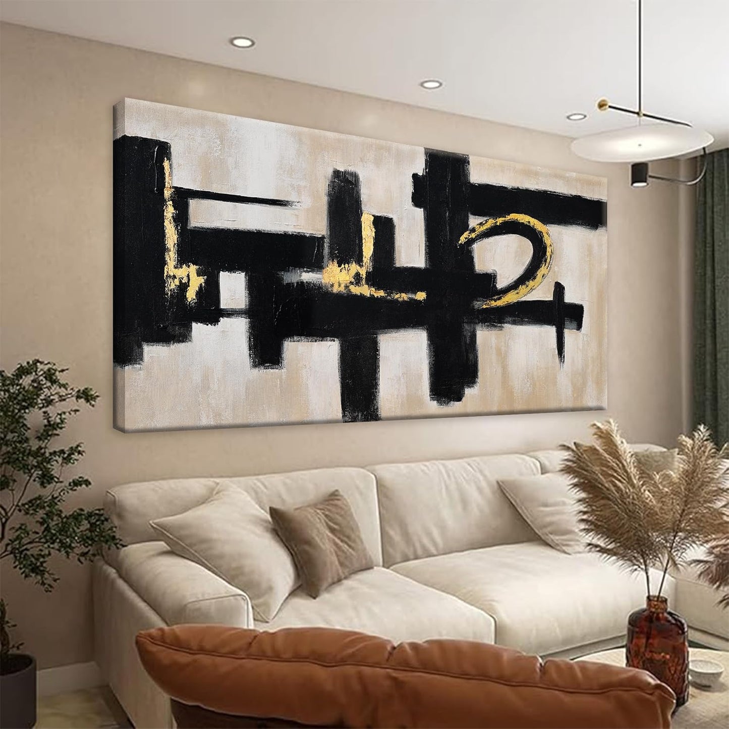 Black And Off-White Abstract Wall Art 24 x 48 Inches Modern Picture Paintings On Canvas Art Wall Decor Minimalist Textured Abstract Wall Decor Painting For Living Room Office Home Wall Decorations