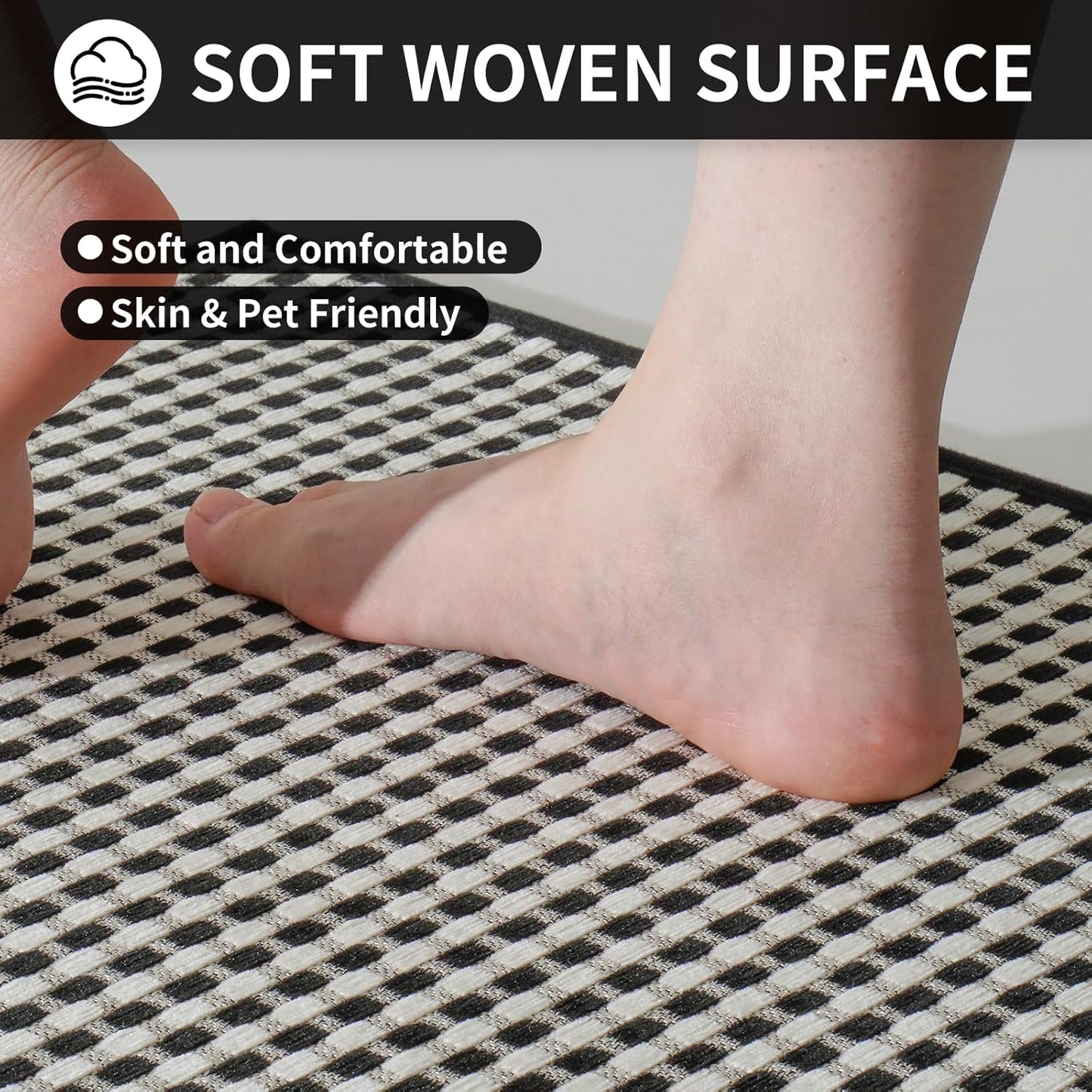 Long Kitchen Runner Rugs Kitchen Mat Non Slip Washable, Super Absorbent Soft Chenille Braided Kitchen Mats for Floor, Rubber Backing Kitchen Floor Sink Standing Mat, Easy Clean, Black 17"x71"