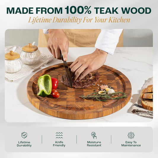 Yes4All Round Teak Cutting Boards for Kitchen, [16"D x 1"Thick] End Grain Cutting Board, Teak Wood Serving Board, Food Safe Surface for Slicing and Serving, Wood Charcuterie Board with Build In Handle