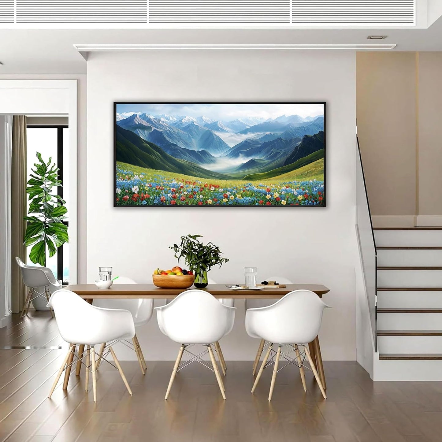 KLAKLA Mountain Wall Art - Large Landscape Living Room Wall Decor Rustic Wild Daisies Misty Forest Snowy Mountains Canvas Picture Framed Artwork for Walls - 48x24 Inches