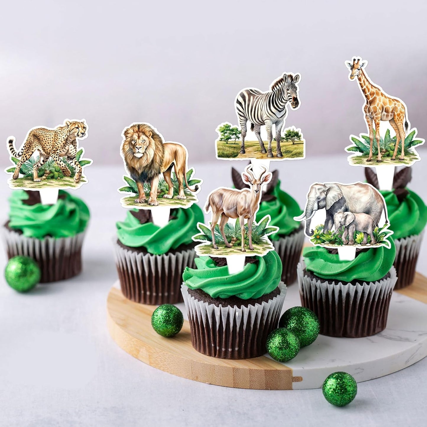 24pcs Jungle Safari Animal Cupcake Toppers,Selected Jungle Themed Children's Party Birthday And Baby Shower Cake Decorations（two-sided）