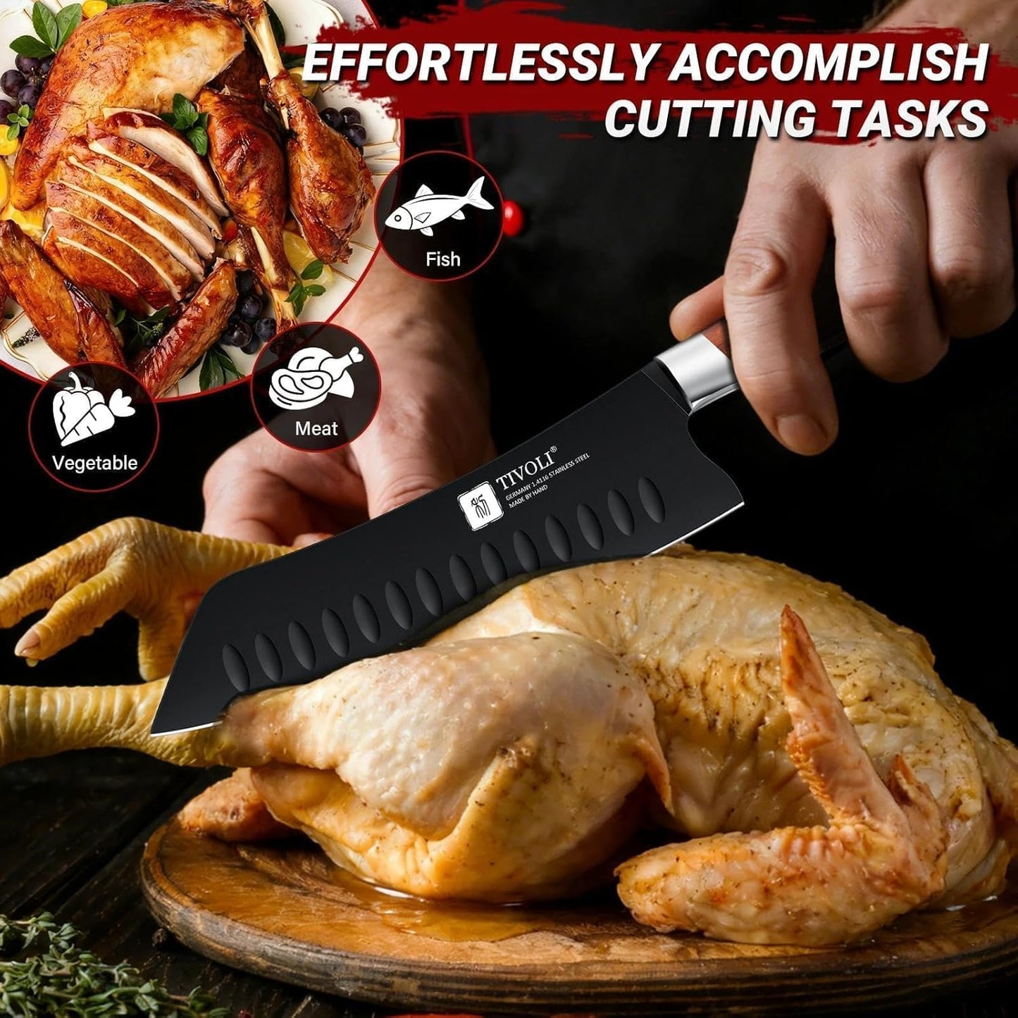 TIVOLI Santoku Knife, 7 Inch Professional Chef Knife, High Carbon Steel Ultra Sharp Deep Cooking Knife with Full Tang Ergonomic Wood Handle, Gift for Men Women Christmas