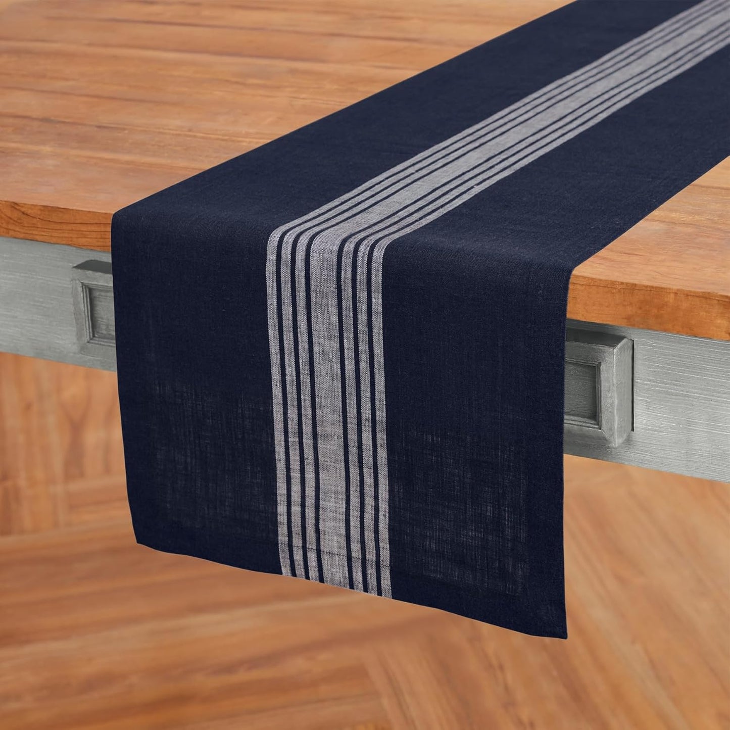 Solino Home Linen Table Runner 120 Inches Long - 100% Pure Linen Farmhouse White and Navy Table Runner 14 x 120 Inch Ideal for Dining, Thanksgiving, Christmas, Holiday