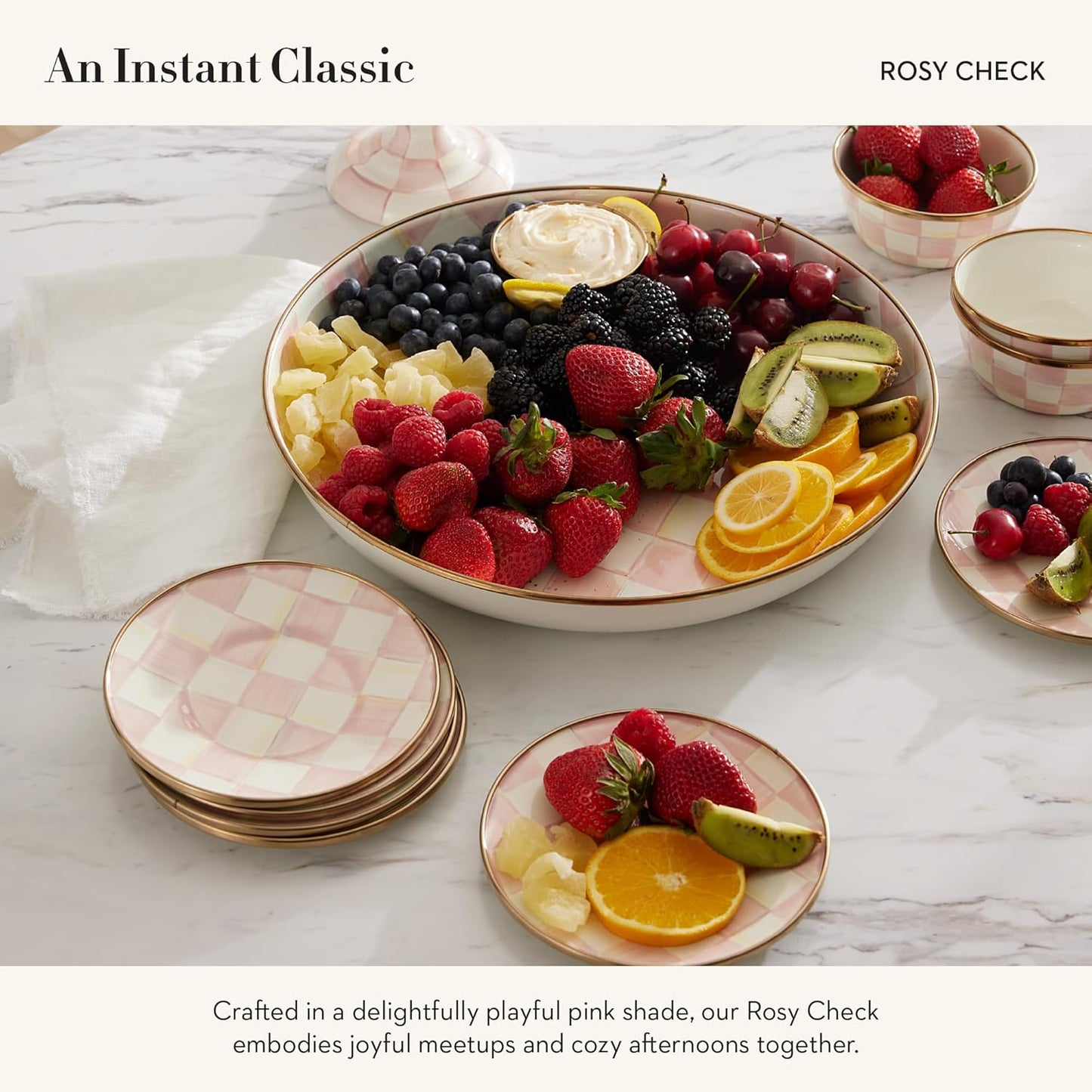 MACKENZIE-CHILDS Enamel Abundant Bowl, Decorative or Serving Bowl, 13-Cup Capacity, Pink-and-White Rosy Check