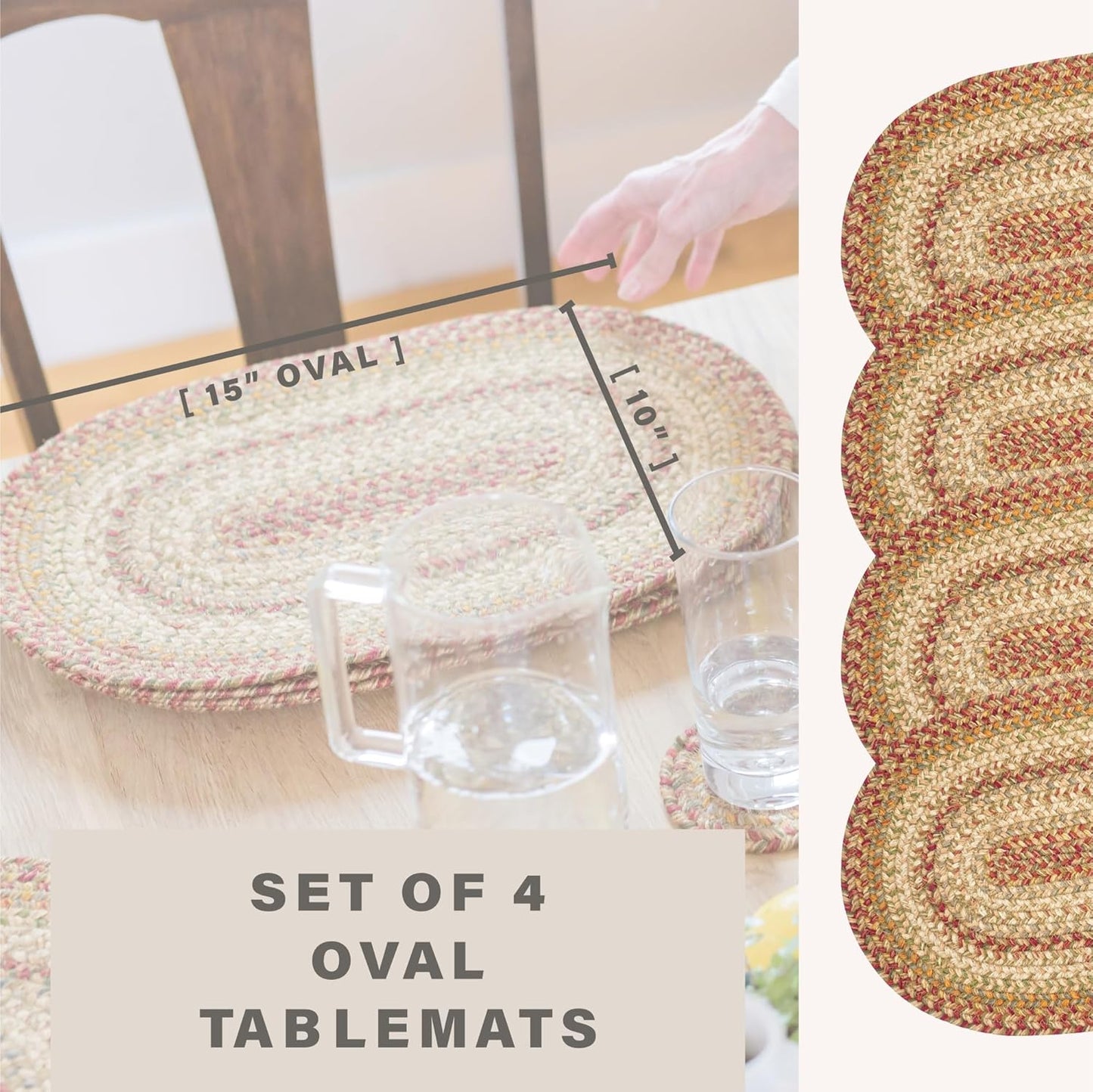 Homespice Harvest Premium Jute Braided Placemat Set of 4 Oval 10x15 Beige, Tan Reversible, Natural Jute Yarn Rustic, Country, Primitive, Farmhouse Style