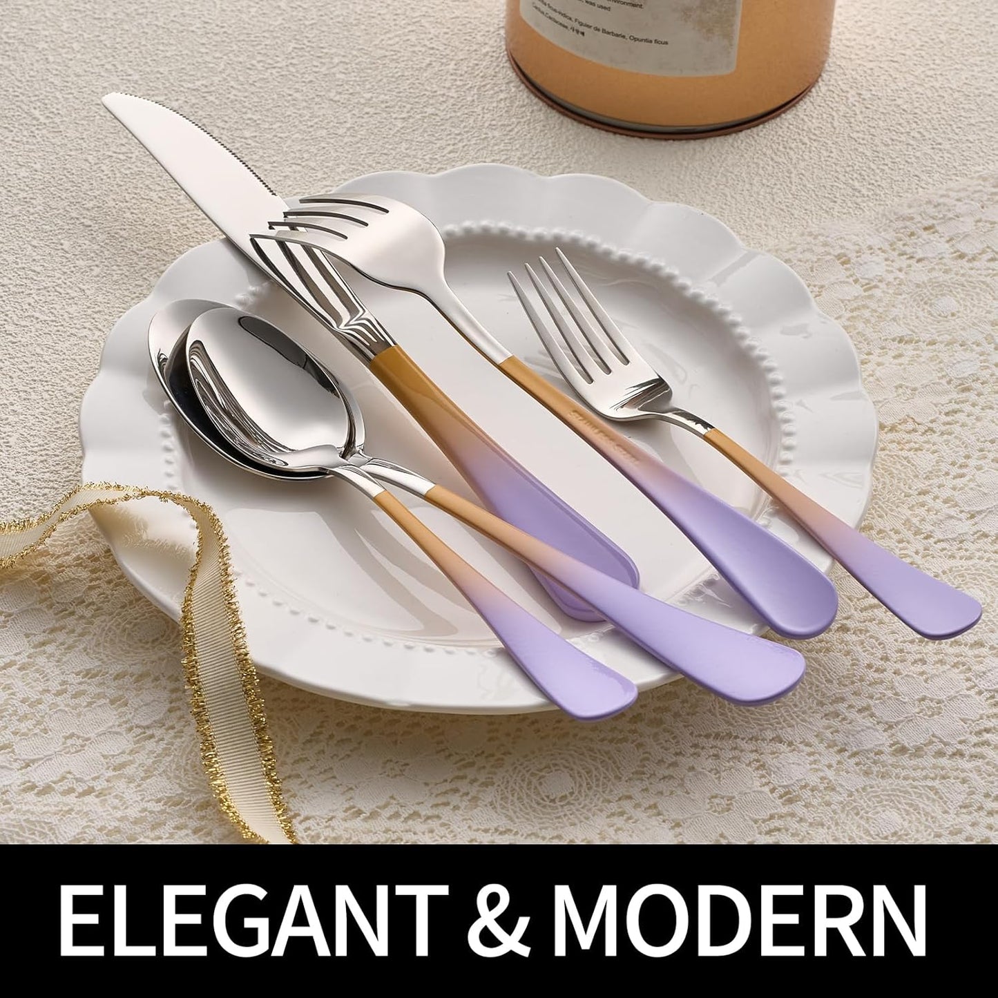 20-Pieces Color Silverware Sets for 4,Purple and Orange Handle Stainless Steel Cutlery Set, Include Forks Spoons and Knives Set, Dishwasher Safe Utensil Sets for Home Restaurant