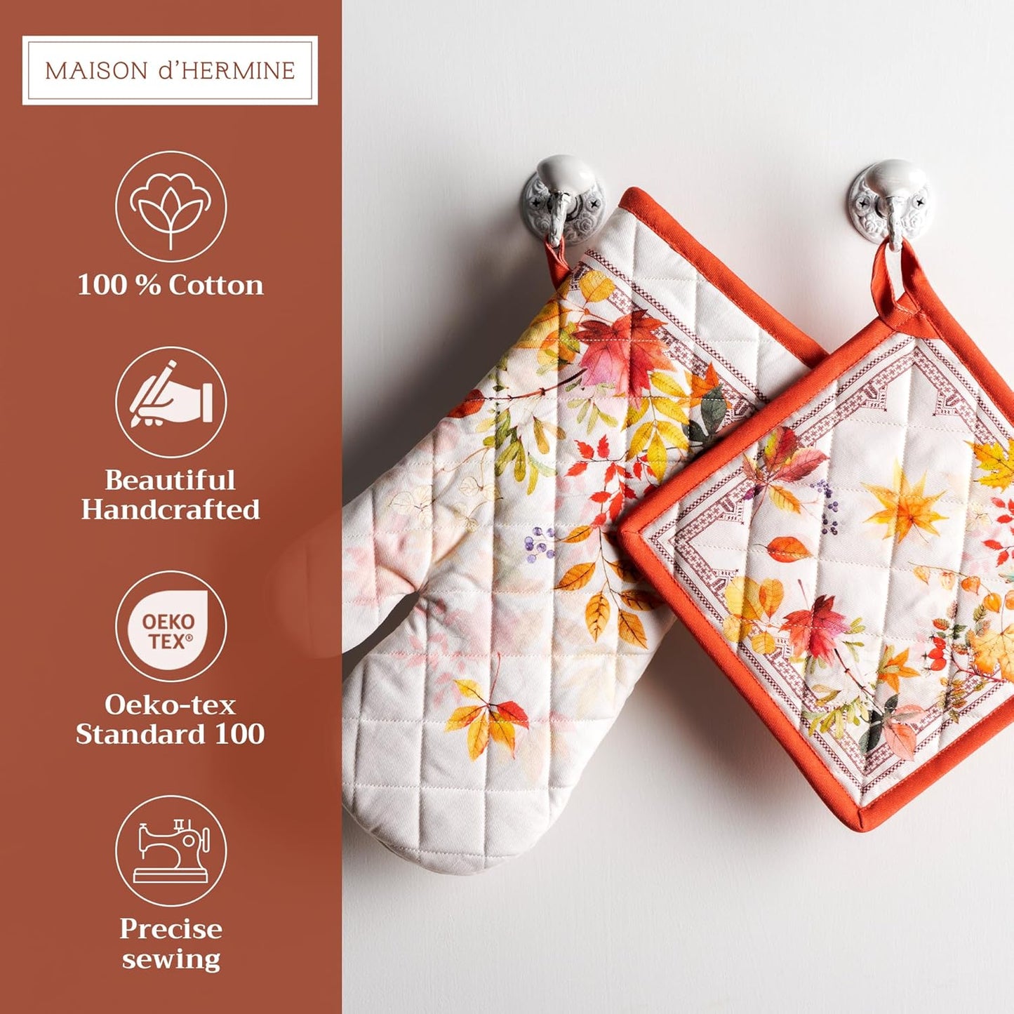 Maison d' Hermine 100% Cotton Oven Mitt & Pot Holder Set (7.5"x13" & 8"x8") Heat Resistant BBQ Cooking Gloves with Loop for Thanksgiving Christmas Decorations Handling Hot Pans (Amarante)